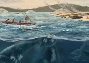 Whaling with spears from a canoe, in tropical waters