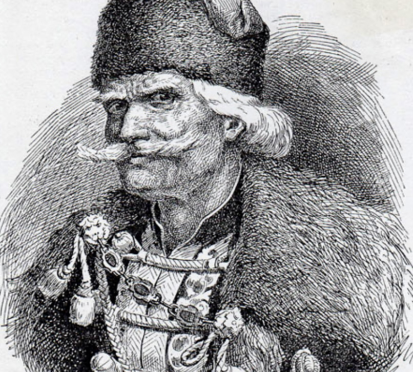 old black and white sketch of moustached character