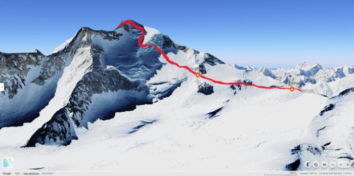 Makalu upper sections with the normal route and camps 3 and 4 marked.
