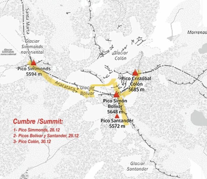 Four peaks marked and linked by a yellow line on a map. 