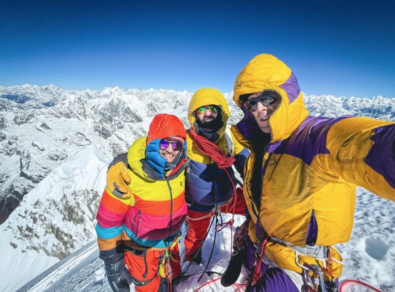 Hervé Barmasse, Adam Bielecki, and Felix Berg at the summit of Numbur (6,958m) 