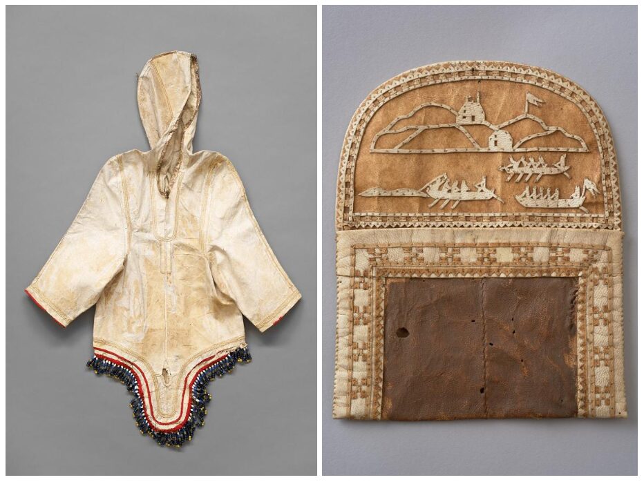 Left, a hide anorak, right a decorated leather pouch