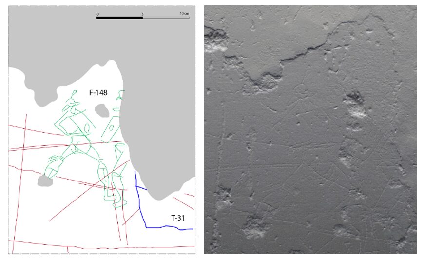 A line drawing beside a stone wall