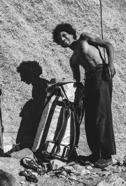 A black and white photo of Teddy Eyob at the base of El Cap