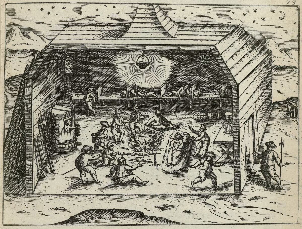 Woodcut of men in a small building