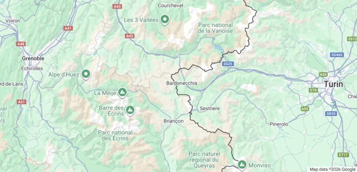 Location of the Barre des Ecrins in a map.