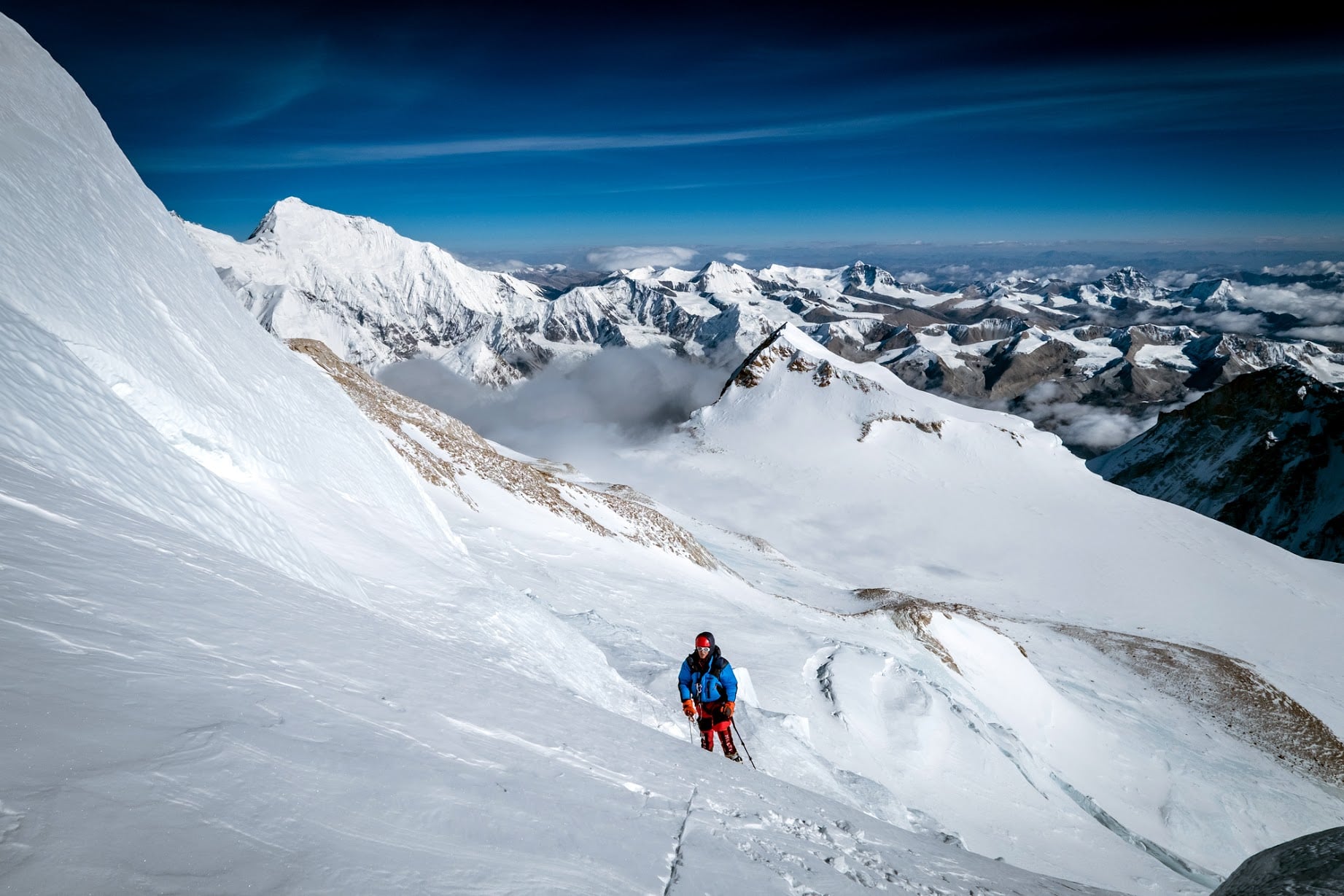A climber descending snowly slopes on Makalu. 