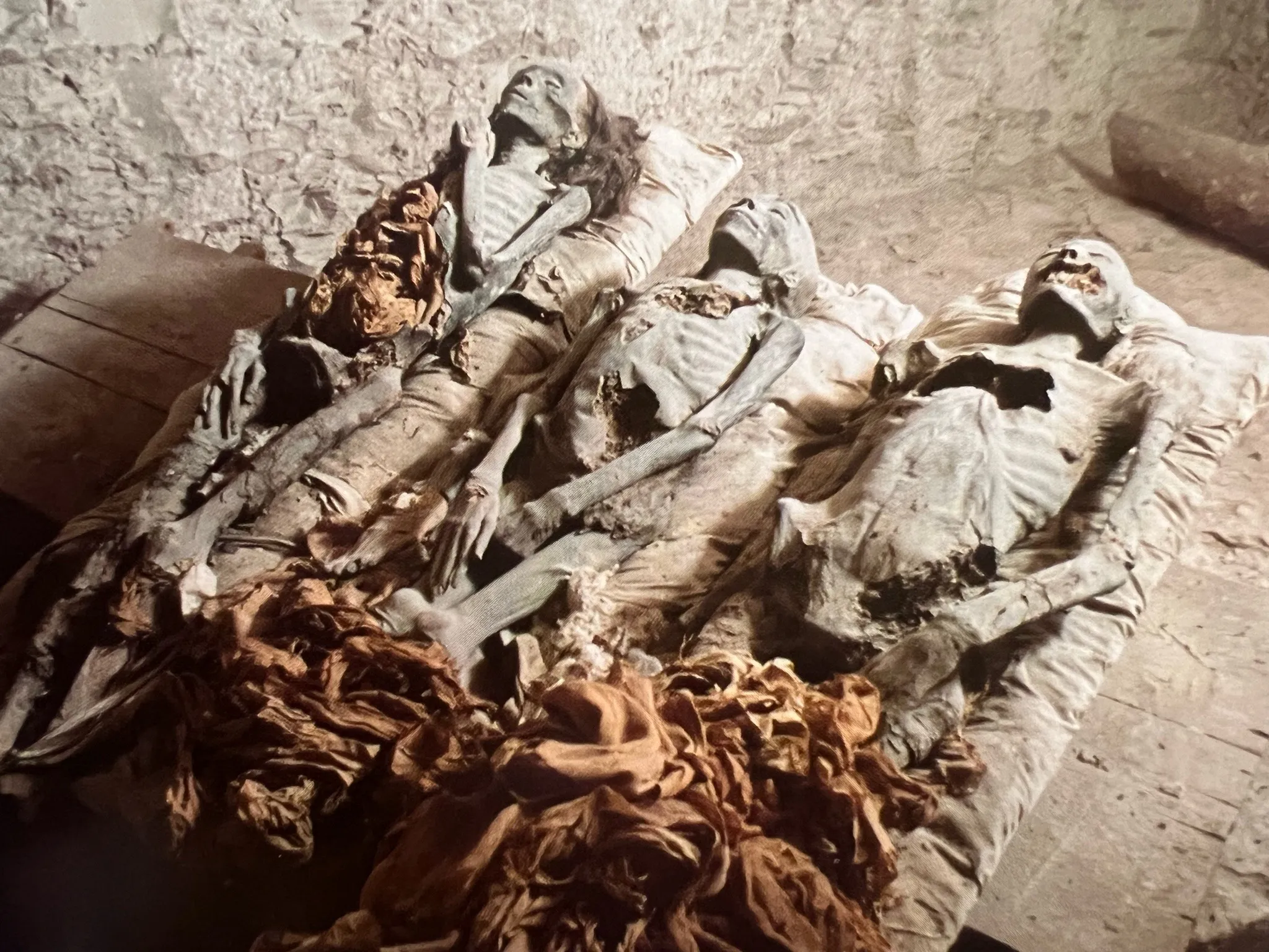 Three mummies laid out in a tomb
