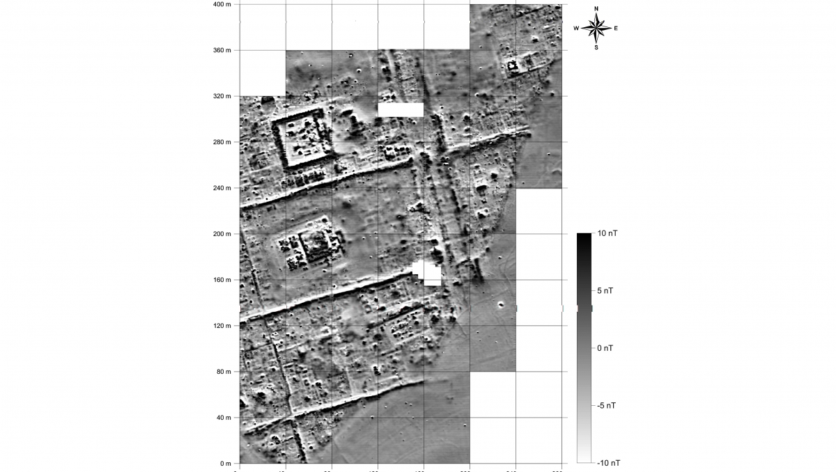 Aerial map of a district with residential buildings and temples created with the caesium magnetometer.