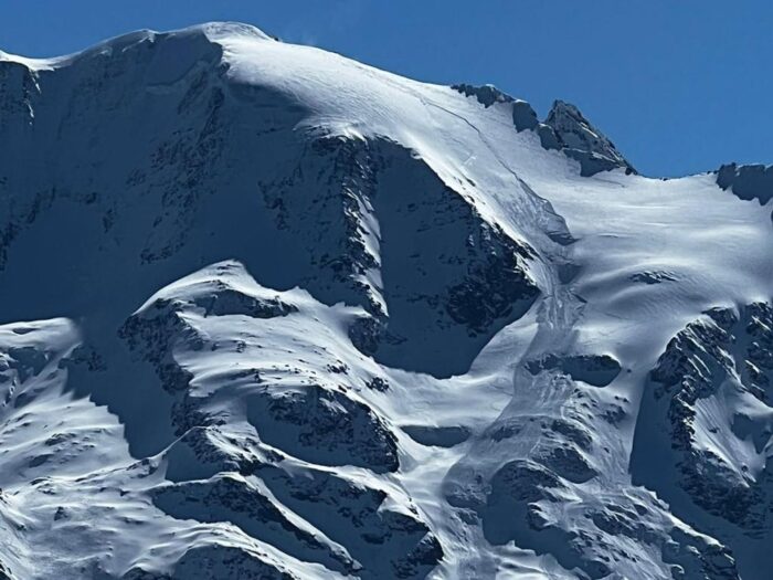 An avalanche down the flank of Mont Blanc. 