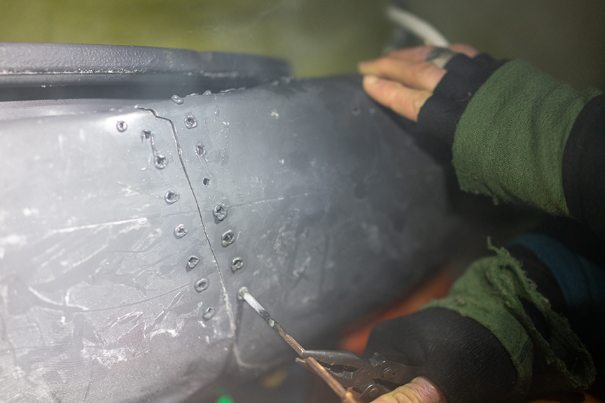 A sled repair in progress