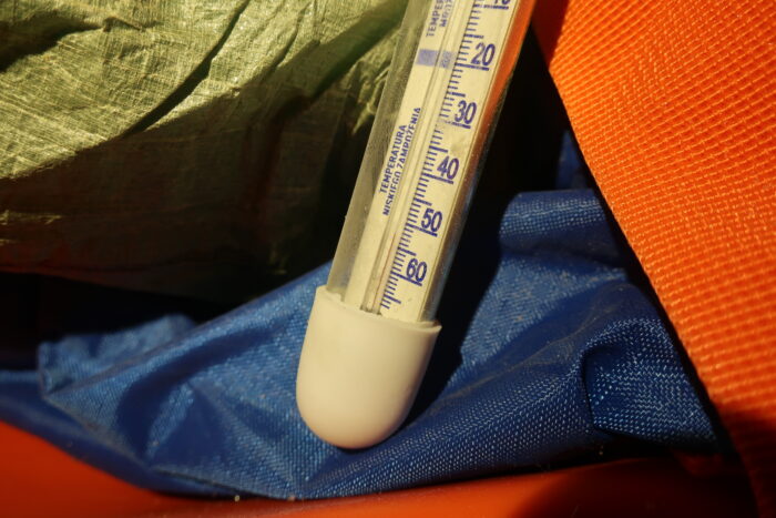 A thermometer showing temperatures dropping to below-50c during Besta's climb of Pobeda