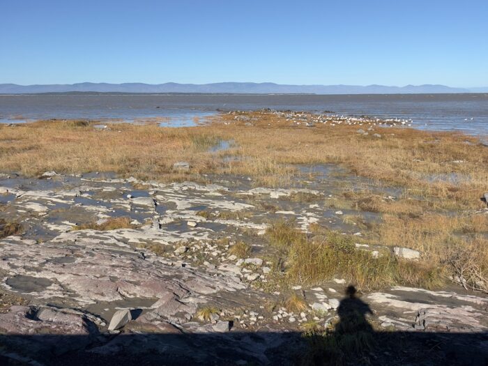 Looking over the rocky banks of the St Lawrence river to mountains in the distance