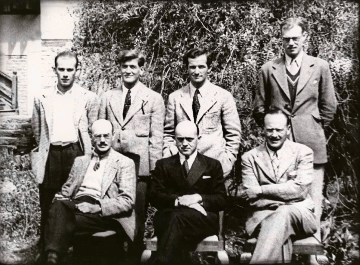 The American expedition members of 1939. Left to right, standing: George Sheldon, Chappell Cranmer, Jack Durrance, and George Trench. Seated: Eaton Cromwell, Fritz Wiessner, and Dudley Wolfe.