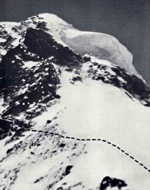 The route on the upper section of K2, marking the highest point reached in 1939. The highest camp was at extreme left where track makes accute angle, according to Wiessner.