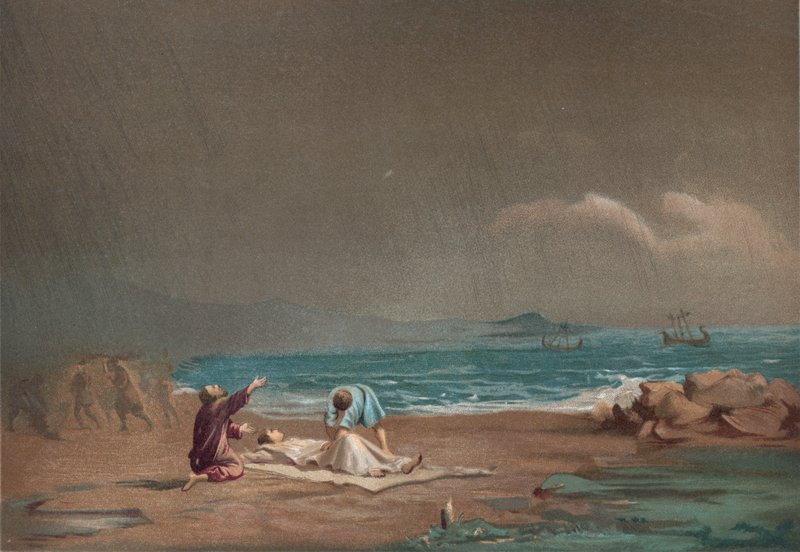 Painting of a man dying on a beach