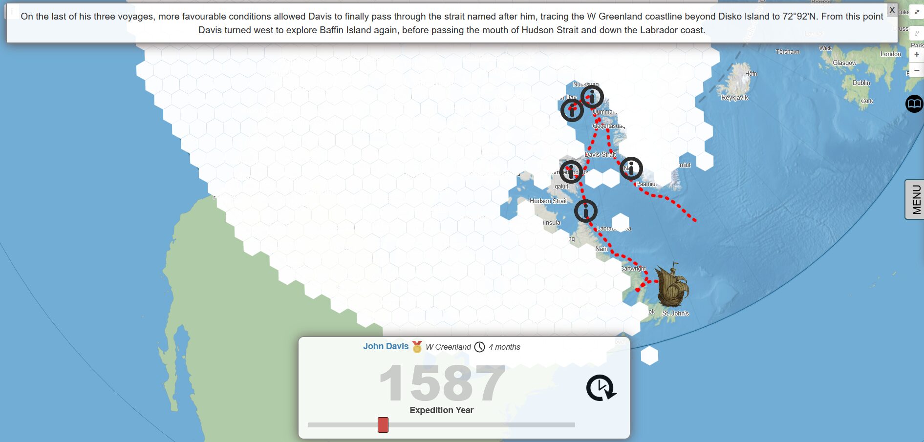 A map of the Arctic with route drawn out