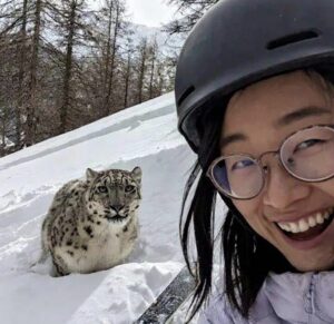 snow leopard behind woman