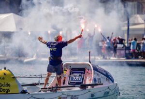 Alan Fortuin crosses the finish line after 59 days, 5 hours and 14 minutes.
