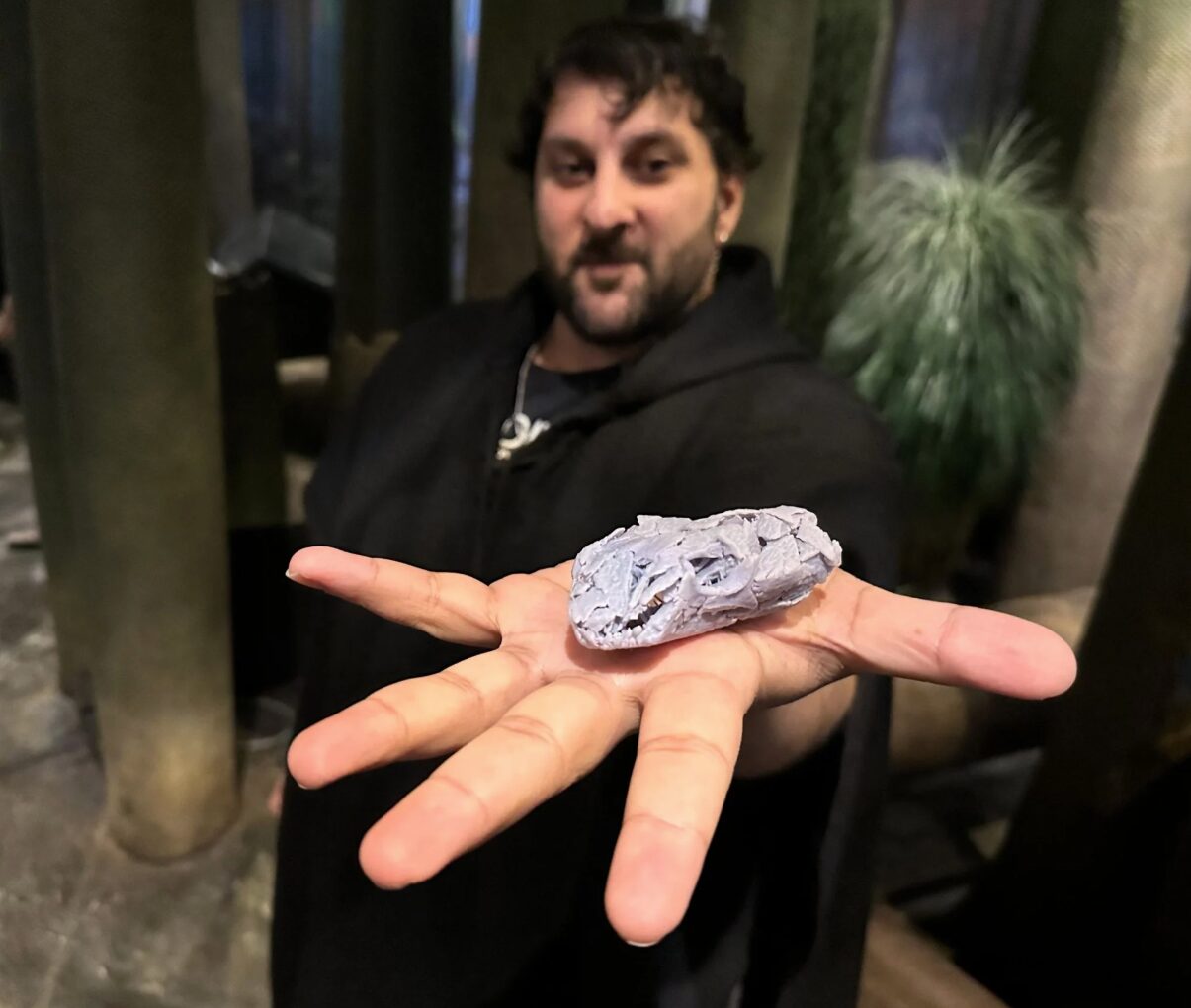 Arjan Mann holding a 3D-printed replica of Tyrannoroter’s skull