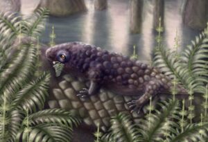 An artists impression of Tyrannoroter heberti - a small, purple, reptile like creature eating a fern