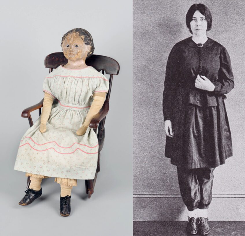 A doll and a woman in practical clothing
