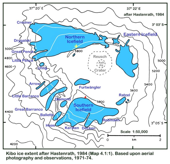 Map of Kilimanjaro's glaciers as they were in 1984, with the breach Wall marked with a red triangle.