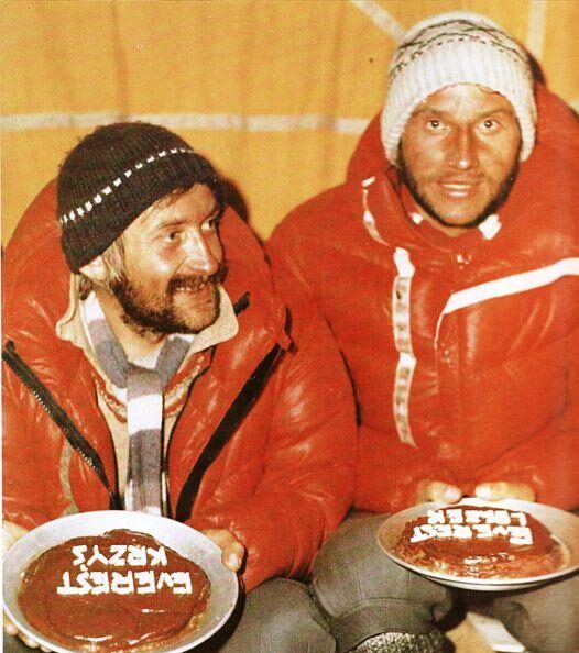 Polish pioneers Wielicki and Cichy after climbing Everest in winter. Sitting with summit cakes at Everest Base Camp. 