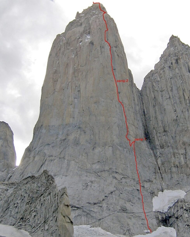 A route up Torre Central of Torres del Paine marked in red.