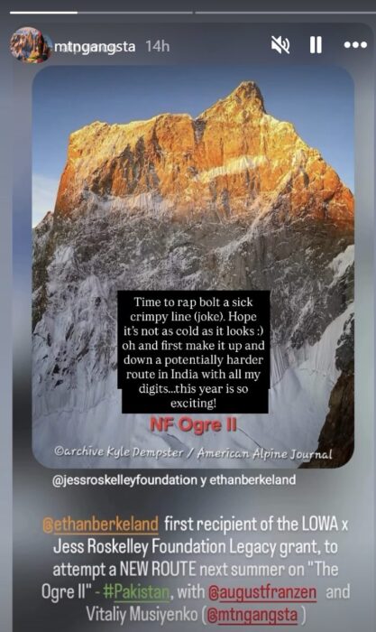 An IG story with a photo of the sheer north face of Bainthat Brakk II