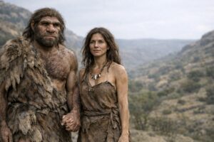 Neanderthal man and human woman holding hands