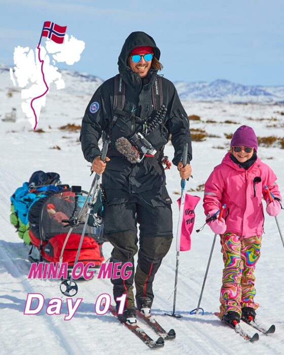 Norwegian adventurer Alexander Read skiing with his daughter Mina Read