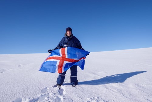 British adventurer Chris Brown standing in snow at the Icelandic Point of Inaccessibility on the Hofsjökull glacier in the Western highlands of Iceland