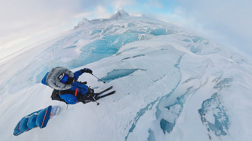 super wide angle selfie of a snow kiter