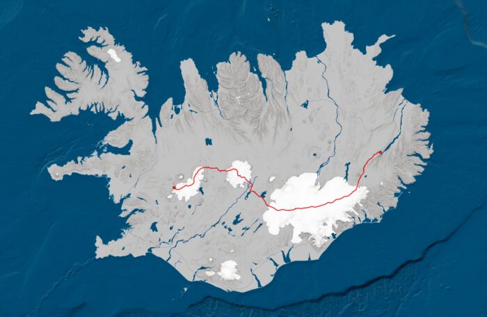 A map of Iceland showing Weissbaum's route across the three largest ice caps