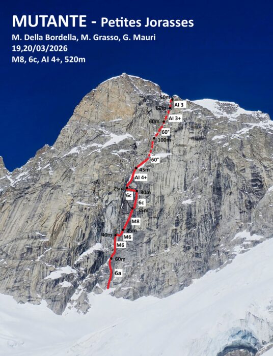 Topo of a mixed route on the Petit Jorasses. 