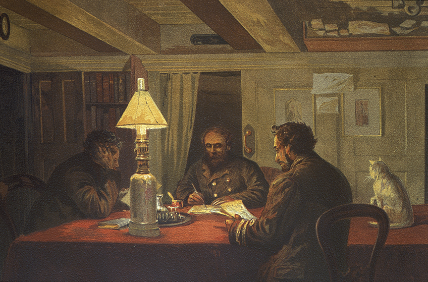 painting of three British officers in a ship's stateroom