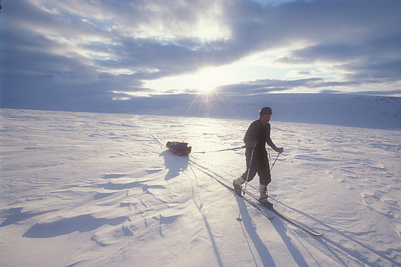 backlit photo of manhauling on sea ice