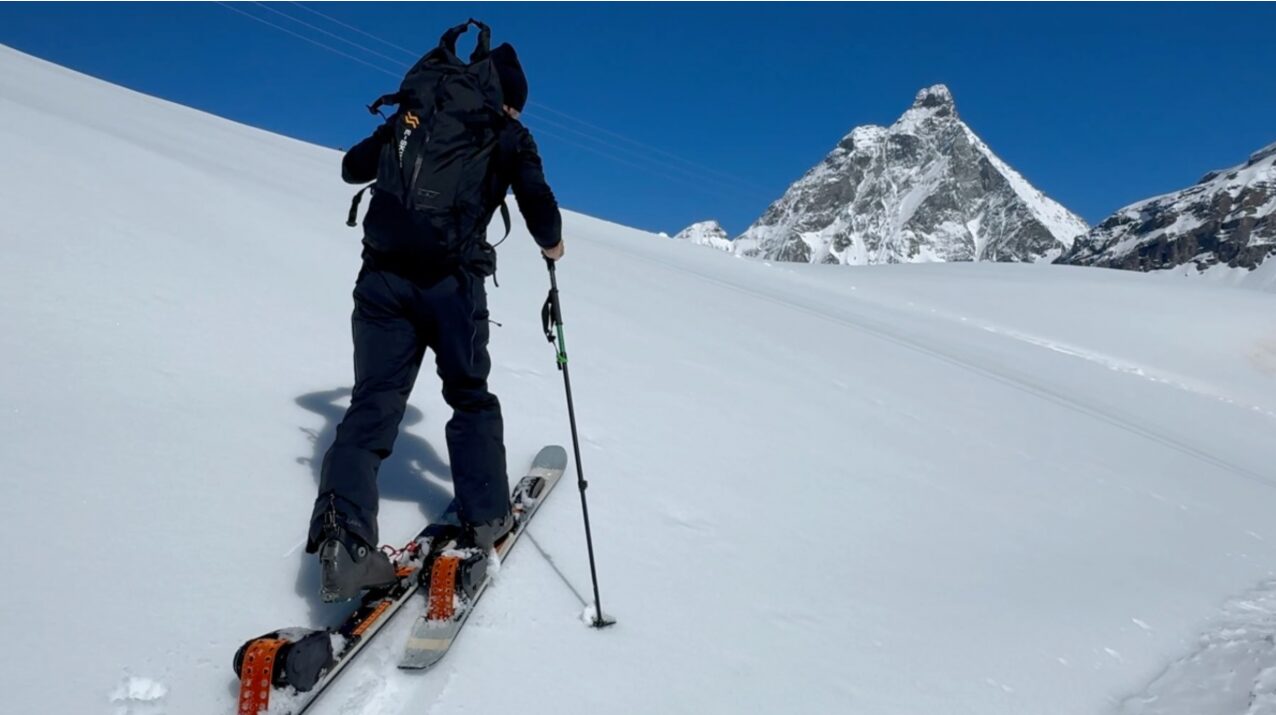 Nicola Colombo, the founder and CEO of E-Skimo, skis uphill on the e-ski. 