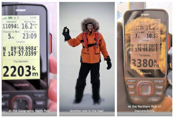 A montage of photos, with the centre image depicting Briton Chris Brown standing in snow at the Northern Pole of Inaccessibility.