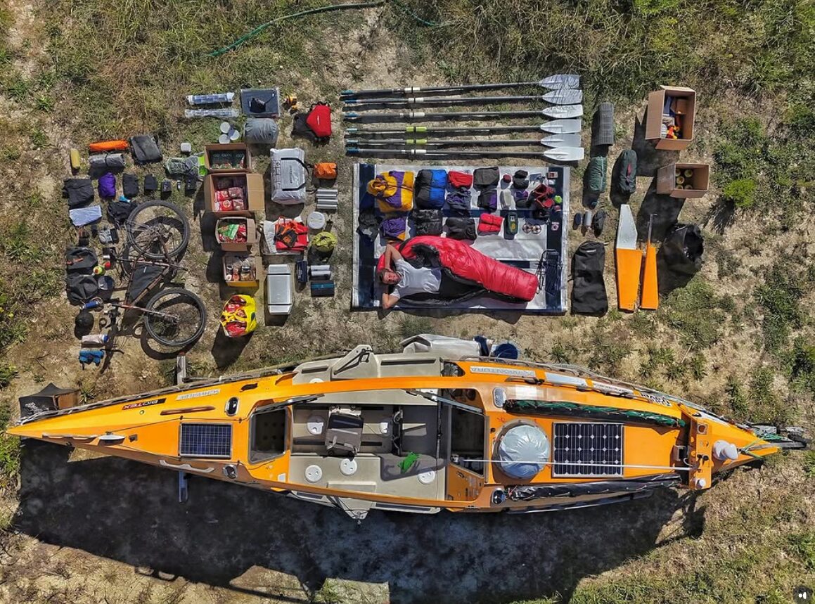equipment laid out on the ground, photographed from above