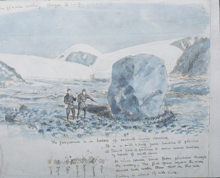 watercolor of two hikers walking past a boulder