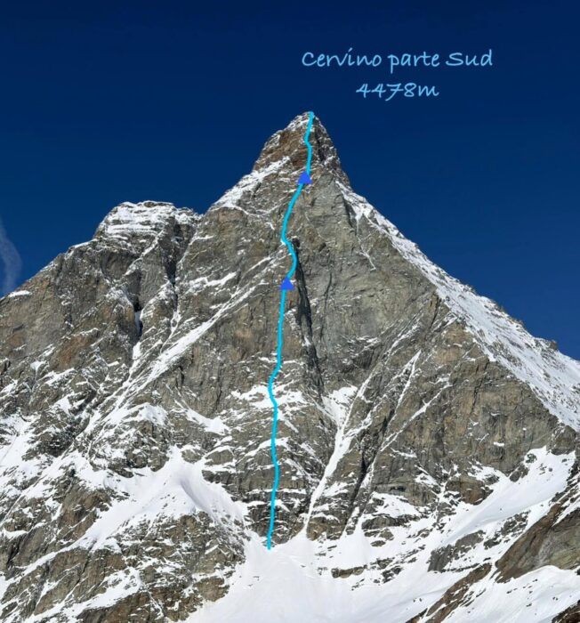 A route marked on the south face of Matterhorn (Cervino)