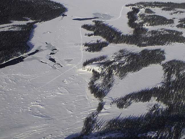 snowmobile track on sea ice, aerial