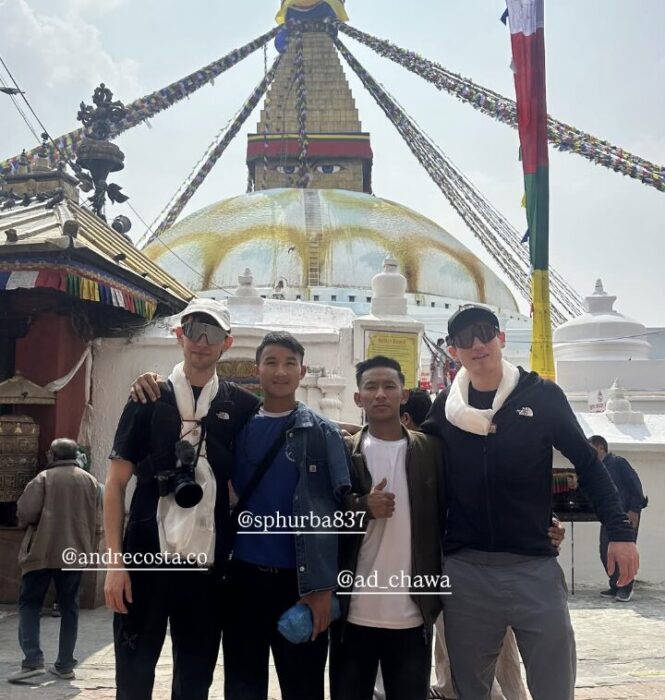 French and Sherpa climbers in front to Bouddanath stupa, Kathmandu. 