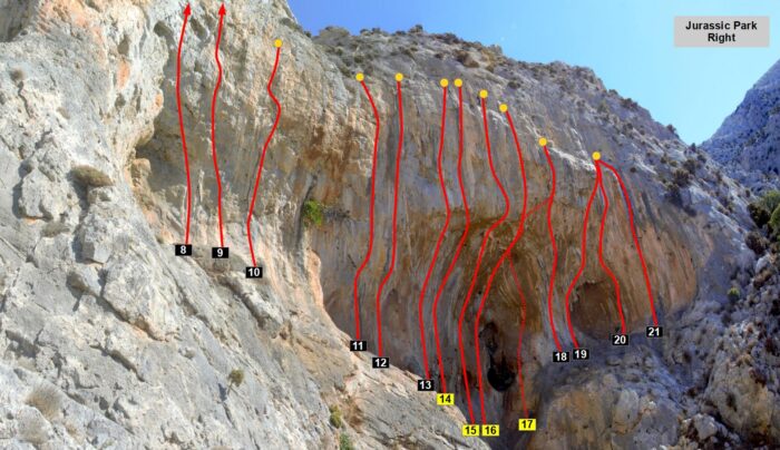 A topo of sport climbing routes on a limestone wall.