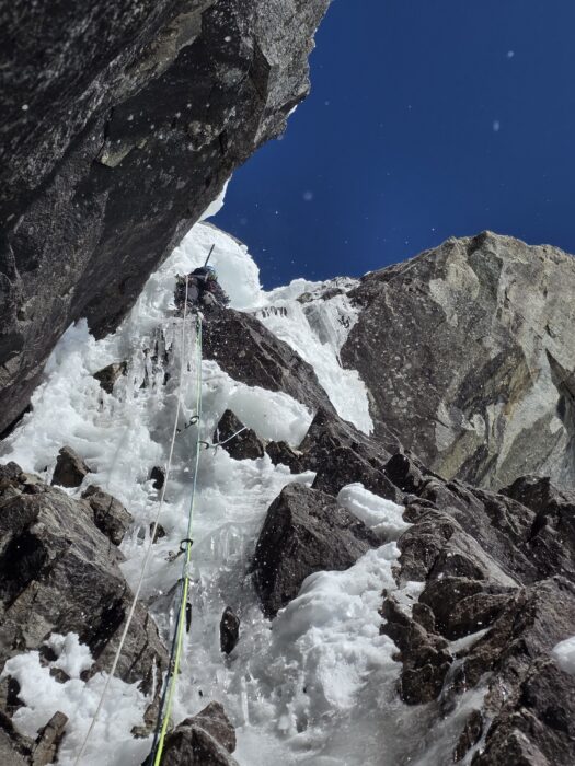 A climber on an ice/mixed section. 