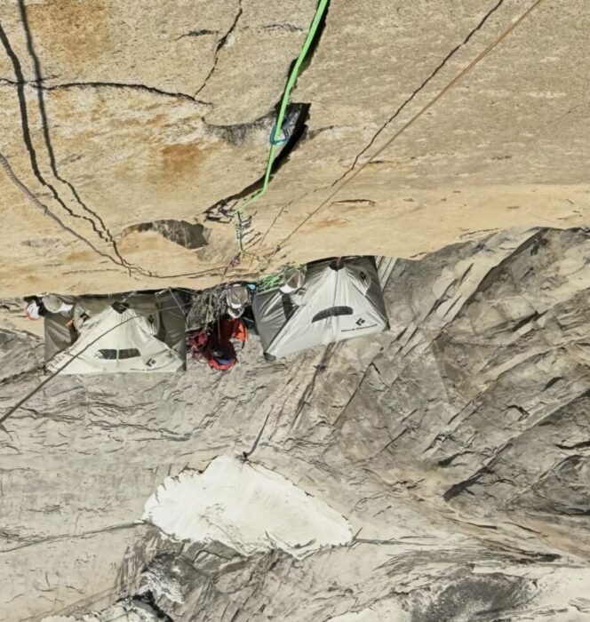 Two portaledges on a vertical patagonian face. 