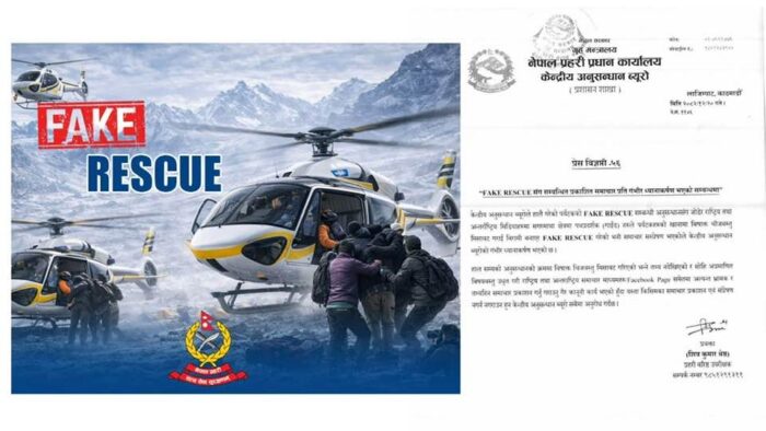 A note in Nepalese with a photo of a helicopter rescue masrked as "fake"
