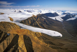 aerial of glacier and mountains